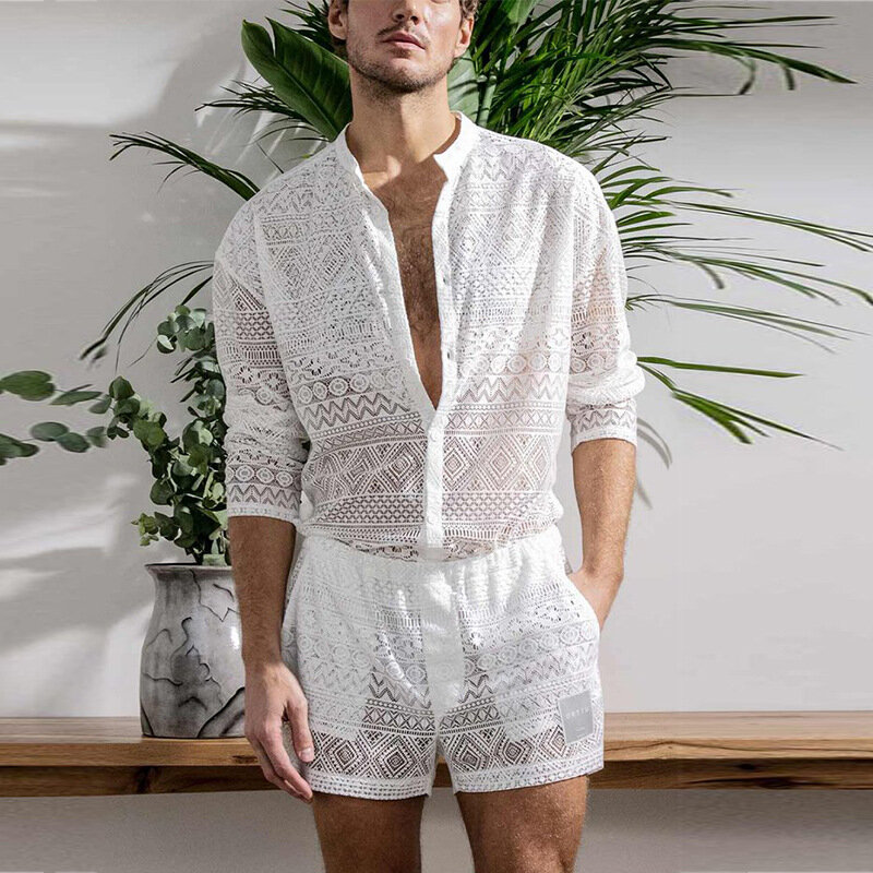 Heren Pak Lange Mouwen Shirt Casual Shorts Mode Heren Kleding Uitgehold Zomer Single-Breasted Ronde Hals Effen Kleur