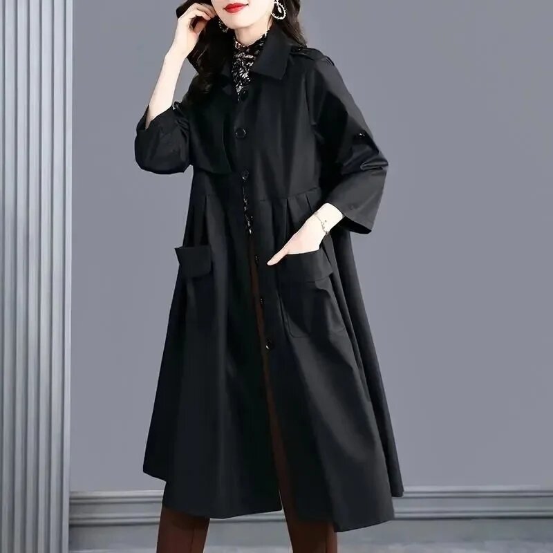 Casaco feminino de comprimento médio corta-vento, estilo solto, casaco plissado feminino, solto e fino, novo para outono e primavera, 2021