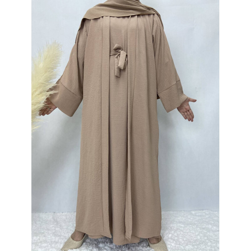 Conjunto muçulmano de duas peças com cinto para mulheres, abayas, veste de manga longa, casaco sem mangas, kaftan Dubai, vestido peru, vestido islã