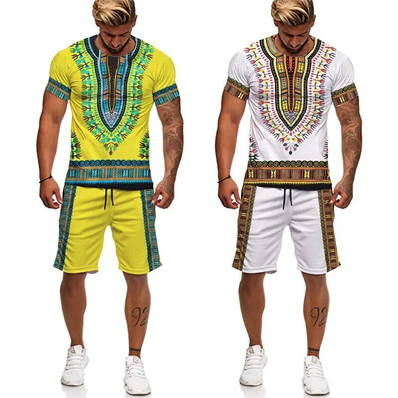 Kleurrijke Etnische Trainingspak T-Shirt Shorts 2-delige Bohemien Bedrukte Outfits Sportpak Losse Casual Streetwear Man Sets Kleding
