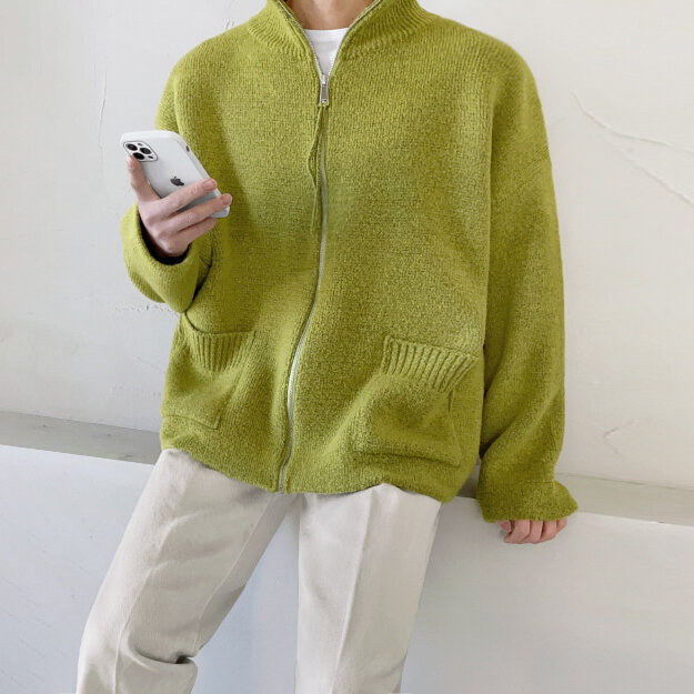 Cardigan de gola alta masculina, suéteres grossos de malha com zíper, blusas monocromáticas, moda coreana M171, outono e inverno, 2023