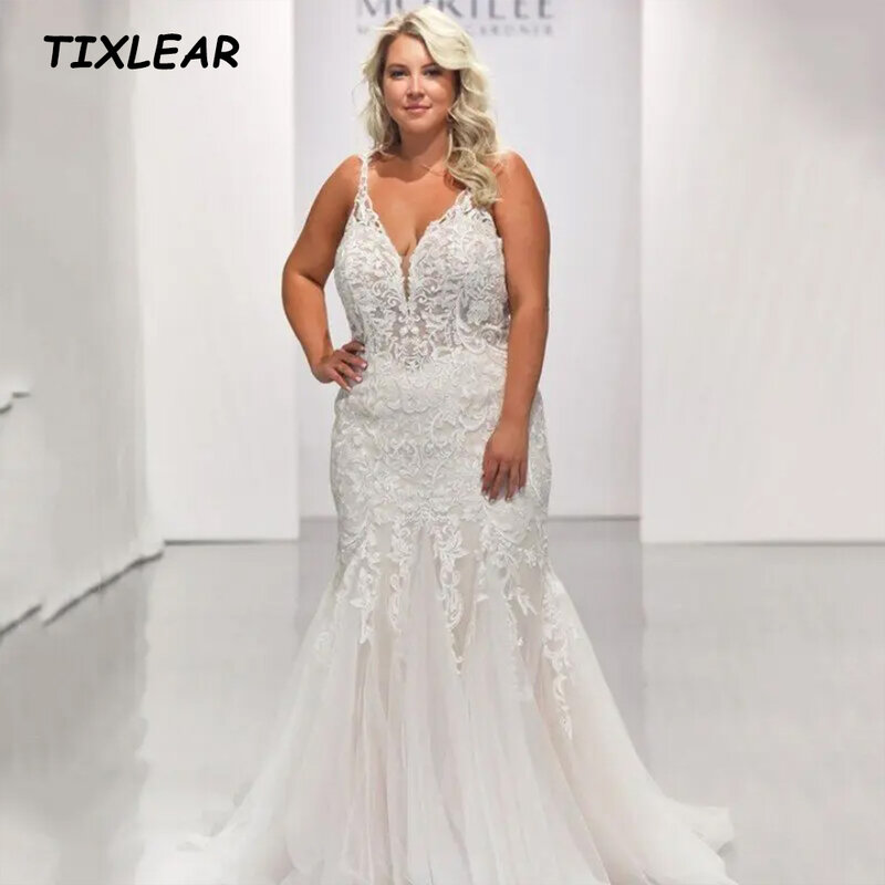 TIXLEAR Elegant Mermaid Wedding Dress V-Neck Applique Backless Plus Size Tulle Bridal Gown Floor Length Vestidos De Novia New