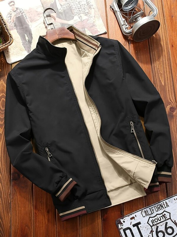Casaco de punho com nervuras Windproof para homens, jaqueta esportiva, lapela, zíper, bolsos, roupa diária