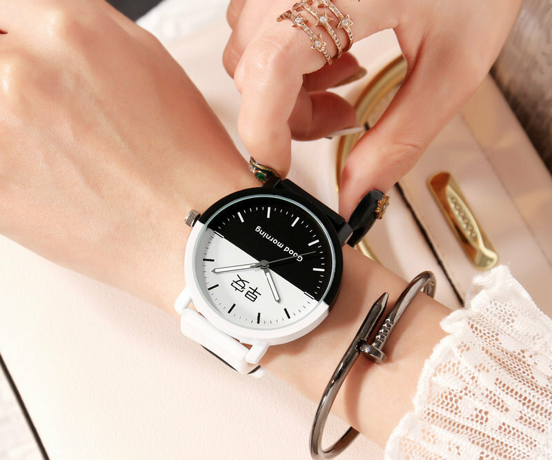 Relógio de quartzo de couro com estojo para casais, relógio de amantes, atenção íntima, bom dia, boa noite, tendência fashion, estojo preto e branco
