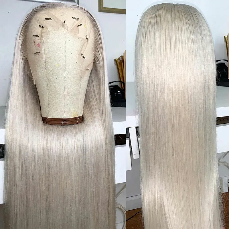 #60 Platinum Blonde Color Peruvian Straight Lace Frontal Wigs 13x4 Transparent Lace Front Wig for Women Preplucked Glueless Wigs