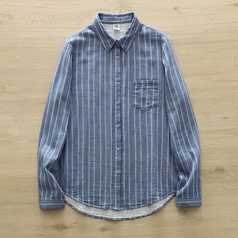 Women Striped Shirts Cotton Yarn Blue Blouses Long Sleeve Lady Tops Casual Female Clothes