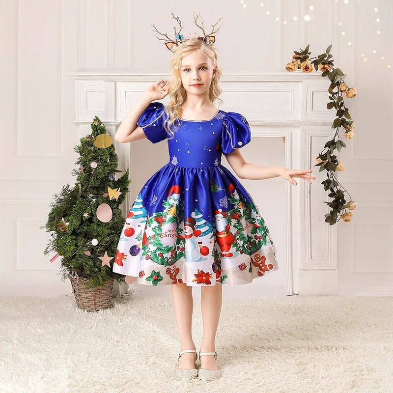 Vestido de princesa estampado para niños, vestido de espectáculo de Navidad, nuevo