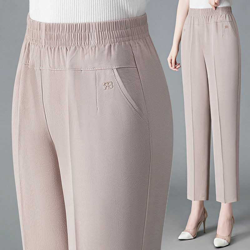 W stylu Vintage luźne proste spodnie wiosna lato cienkie kobiety w stylu Streetwear biurowa damska na co elastyczny, wysoki przycięte spodnie w talii