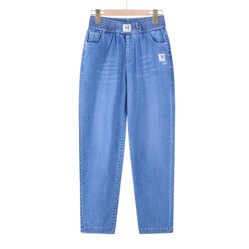 Calças de brim mãe das mulheres 2022 novo azul verão calças perna larga cintura alta moda cintura elástica jeans harajuku baggy calças retas