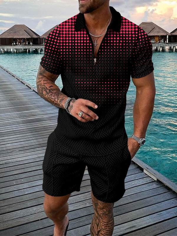 Костюм спортивный мужской из 2 предметов, Повседневная рубашка-поло на молнии, комплект оверсайз с геометрическим принтом, модная одежда на лето