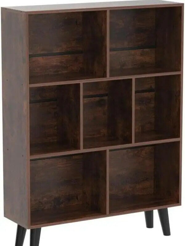 Cube Bookshelf 3 Tier Mid-Century Rustic Brown Modern Bookcase with Legs,Retro Wood Bookshelves Storage Organizer Shelf,Freestan