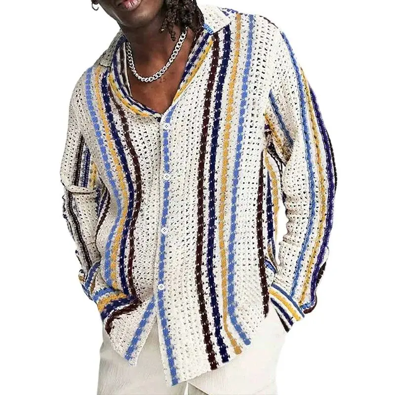 Рубашка мужская Трикотажная в полоску, с длинным рукавом, воротником с лацканами и пуговицами