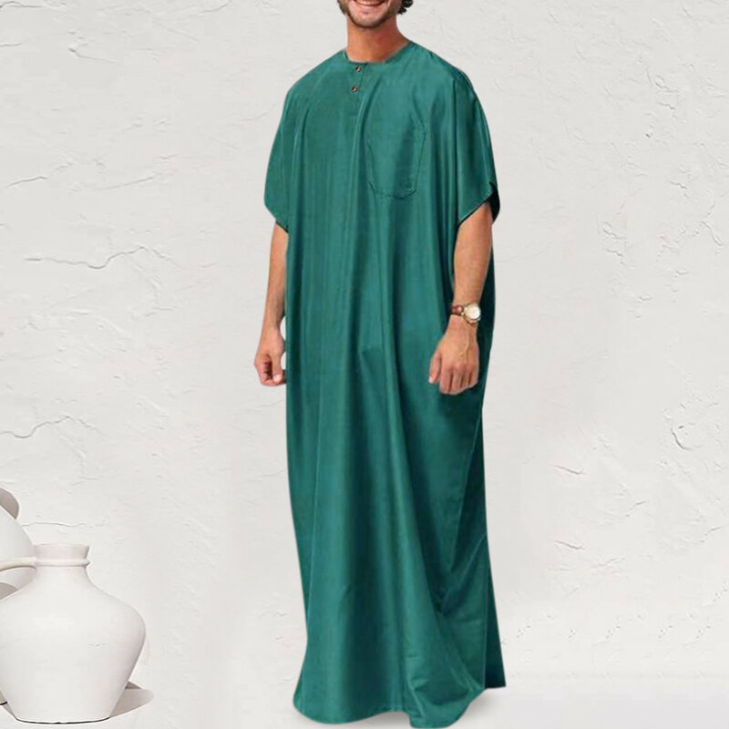 Men Fashion Long Robes Short Sleeve Round Neck Robe Man Vintage Solid Color Muslim Kaftan Long Shirts Casual Jubba Thobe