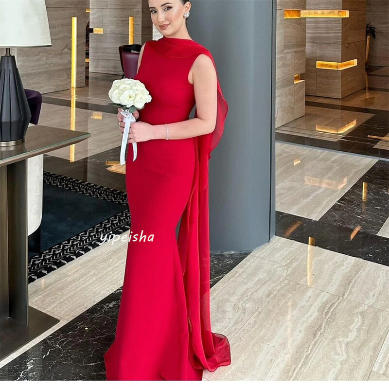 Gaun Prom Jersey malam manik-manik Ruched selebriti A-line kerah tinggi Bespoke gaun acara gaun panjang Arab Saudi
