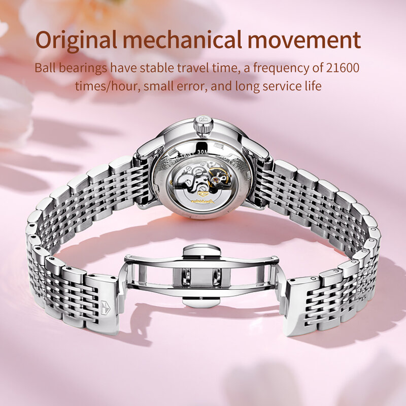 JSDUN jam tangan mekanis otomatis wanita, Gelang Display kalender Stainless Steel emas elegan modis 8943