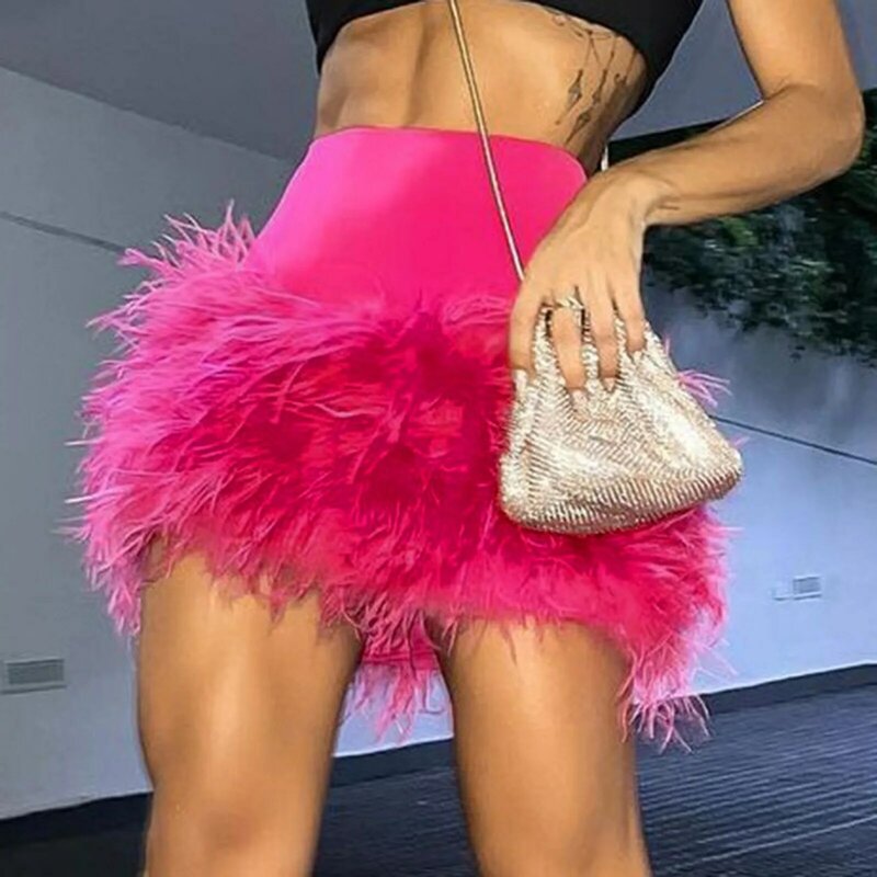 2024 Spliced Feather Skirt Women Elastic Waist Slim Short Style Sexy Solid Color New Fashion Versatile Female Clubwear Dresses