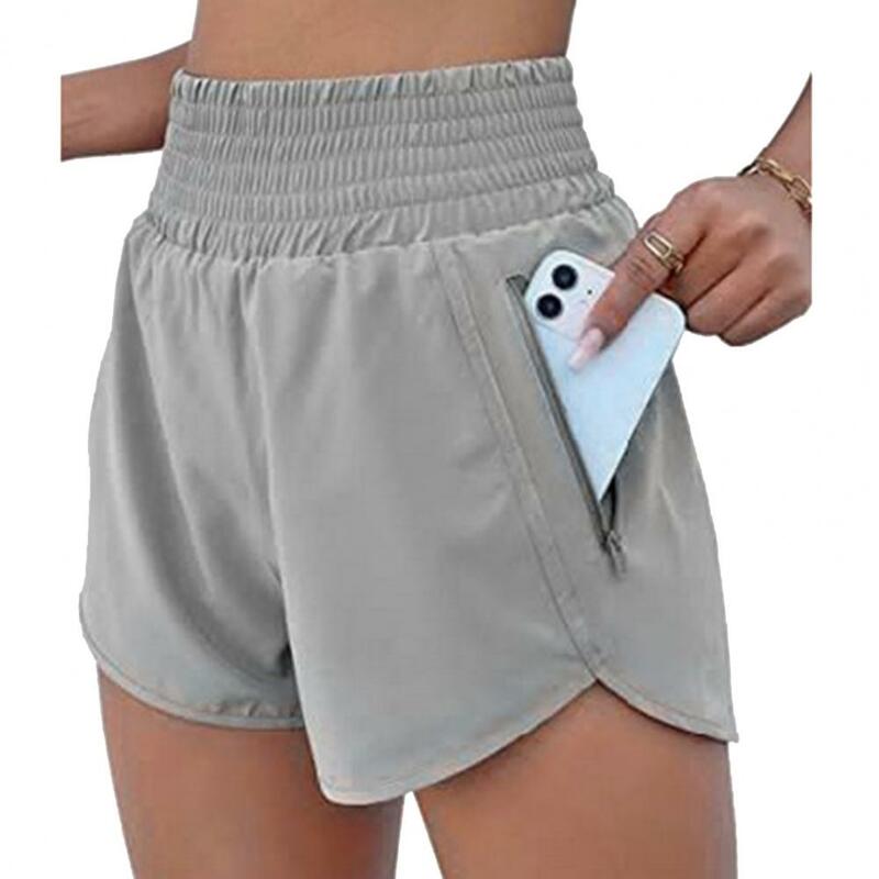 Elastic Waist Workout Shorts Women's Wide Leg High Waist Running Shorts with Pockets Elastic Gym Shorts for Women Solid Color