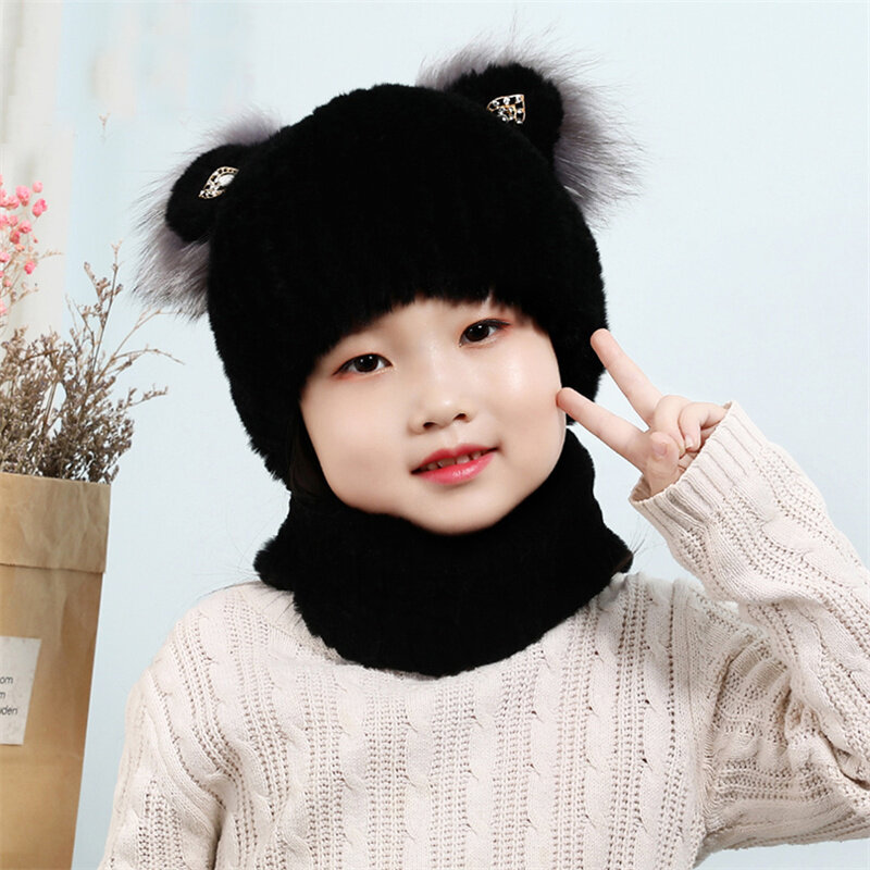 หมวกพู่ขนกระต่ายฤดูหนาวของเด็กชายและหญิงหมวกไหมพรมหนาอบอุ่นหมวกเด็กหมวกหูหมวกผ้าพันคอเด็ก