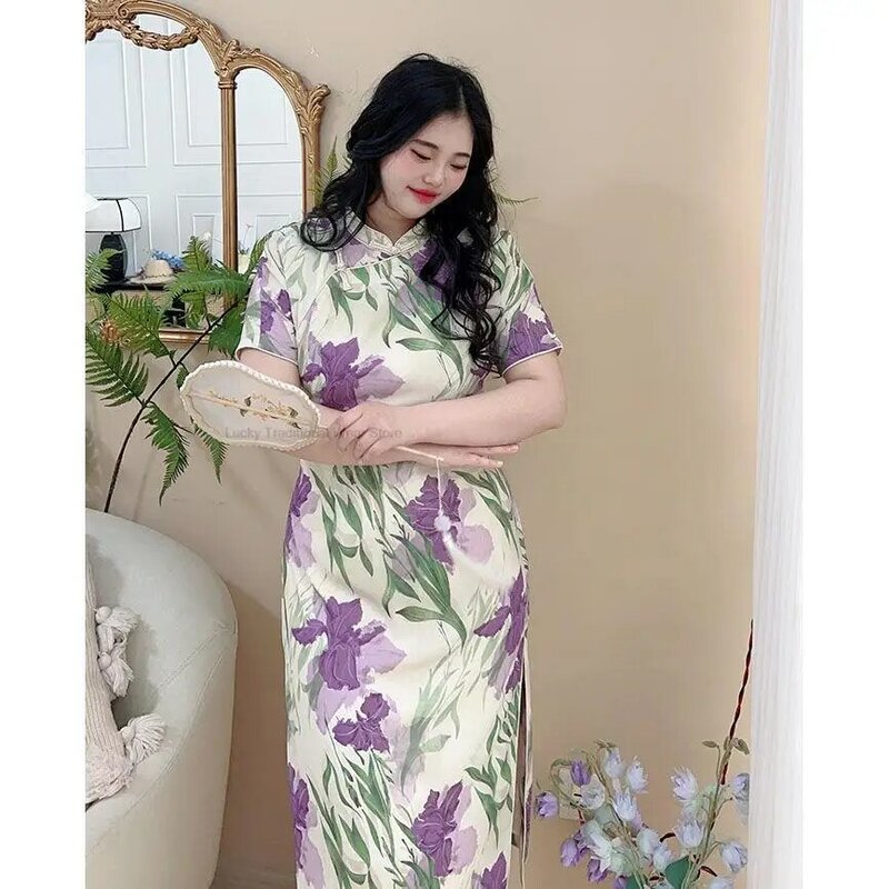 Chińskie tradycyjne sukienka Qipao Hanfu damska elegancka imprezowa dama Vintage Cheongsam orientalny Folral luźna sukienka w stylu Qipao 4XL