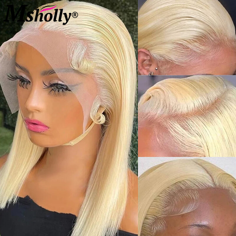 613 короткий парик из человеческих волос Боб прямые волосы медовая Блондинка 13x4 HD прозрачные кружевные передние парики предварительно выщипанные бразильские парики для женщин