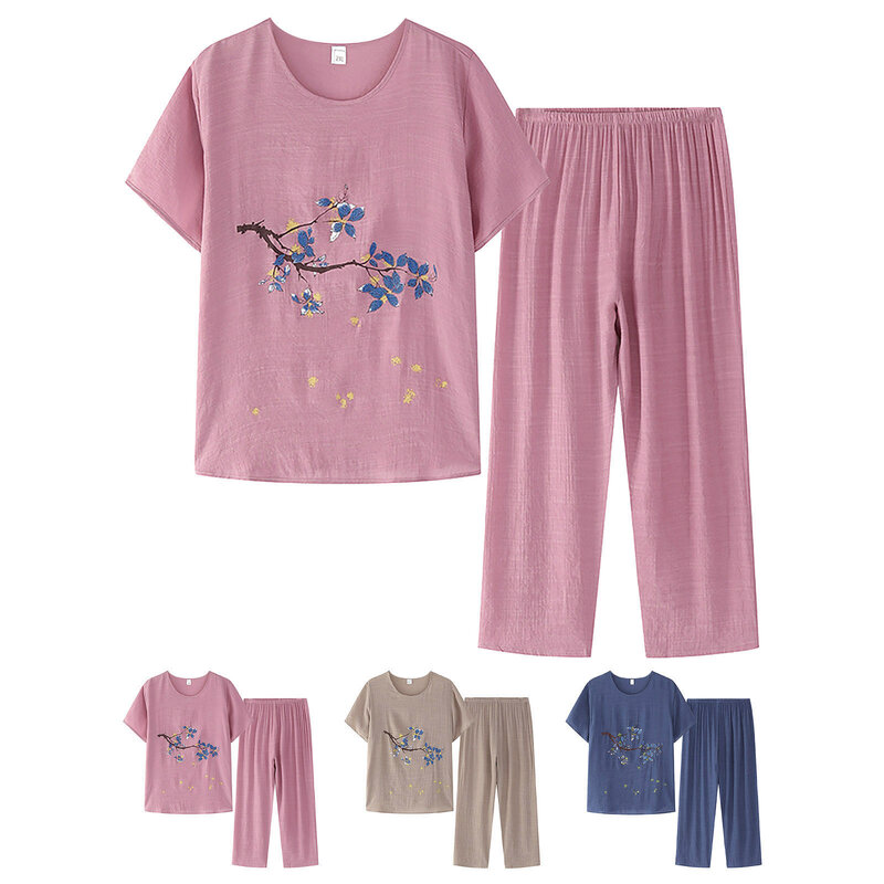 Conjunto de dos piezas de algodón y lino para mujer, traje holgado de manga corta con estampado de verano, a la moda