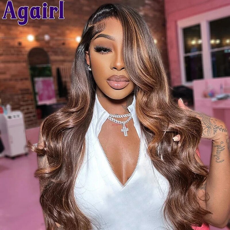 Highlight Brown Blonde 100% Human Hair Wigs 13x6 Transparent Lace Frontal Wig Pre Plucked Glueless 13x4 Body Wave Lace Front Wig