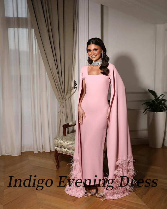 Indigo-Vestido feminino de capa comprida e penas com pescoço quadrado, vestido formal de festa, vestidos de baile, vestido elegante feminino, 2022