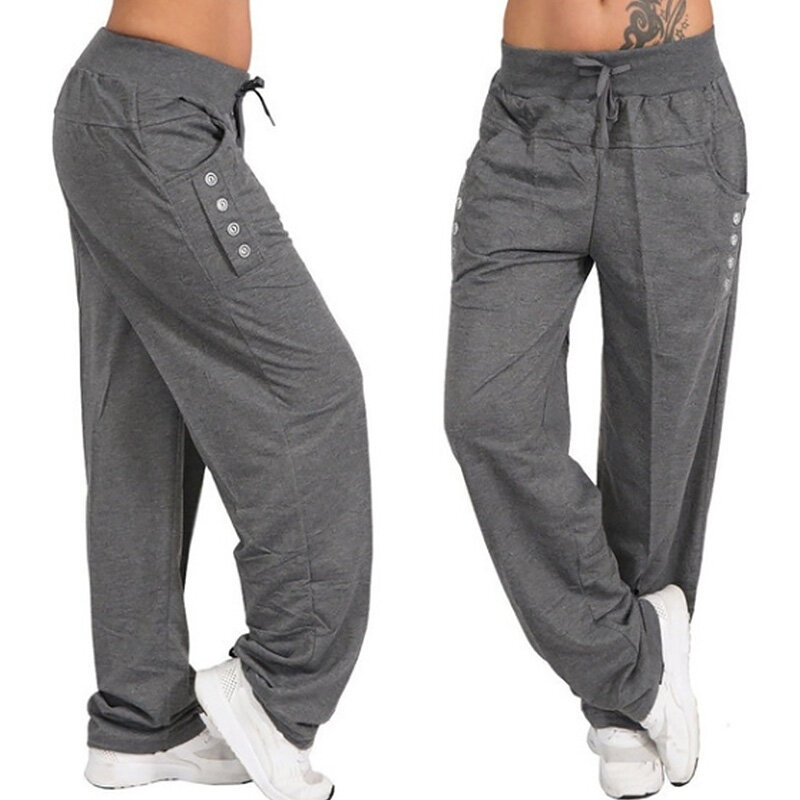 Pantalones deportivos holgados para mujer, Pantalón recto de cintura alta, con botones y cordones, Color sólido, a la moda, novedad