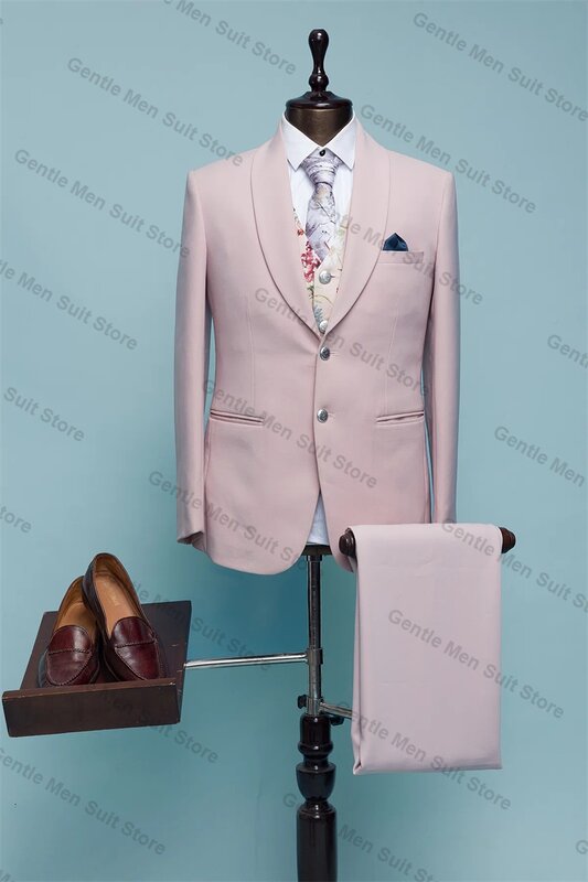 ชุดสูทผู้ชายสีชมพูแจ็กเก็ตผ้าฝ้าย2ชิ้นเสื้อสูท + กางเกงชุดทักซิโด้สำหรับงานแต่งงานงานพรอมธุรกิจ