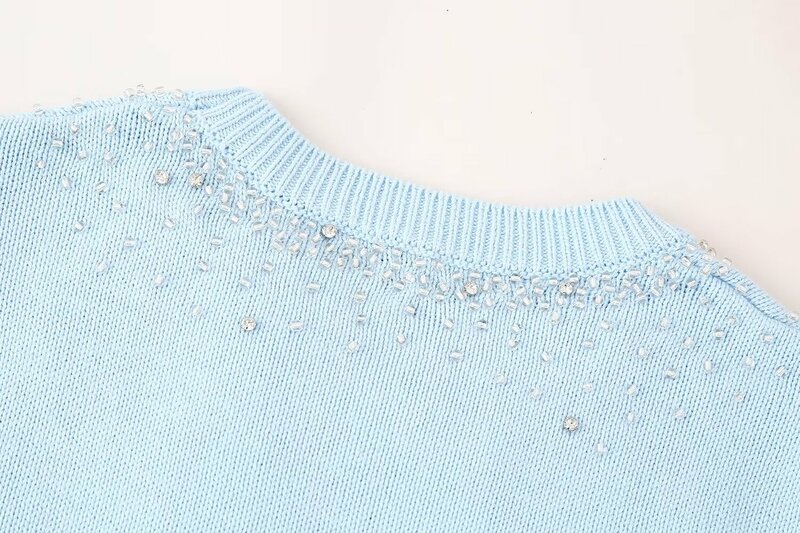 Women's 2024 New Fashion Rhinestone Decoration Short Casual Knitted Top Retro O Neck Short sleeved Women's Pullover Chic Top