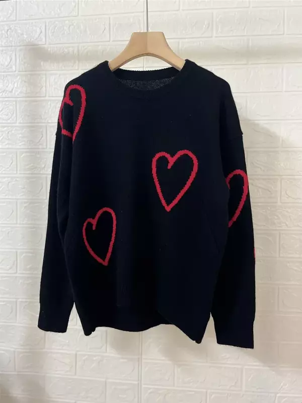 O-Neck Cashmere Sweater For Women's Heart Jacquard Fall Winter Casual Long Sleeve Jumper