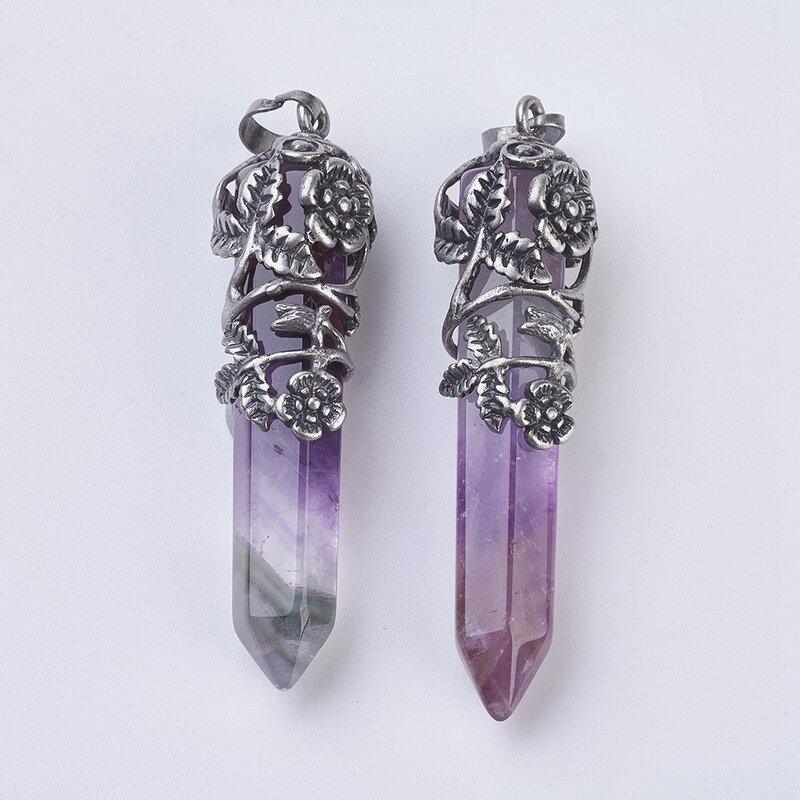 5 Pcs Natural Amethyst Rose Quartz Pointed Bullet Pendants with Antique Silver Plated Brass Findings for Necklace Jewelry Crafts