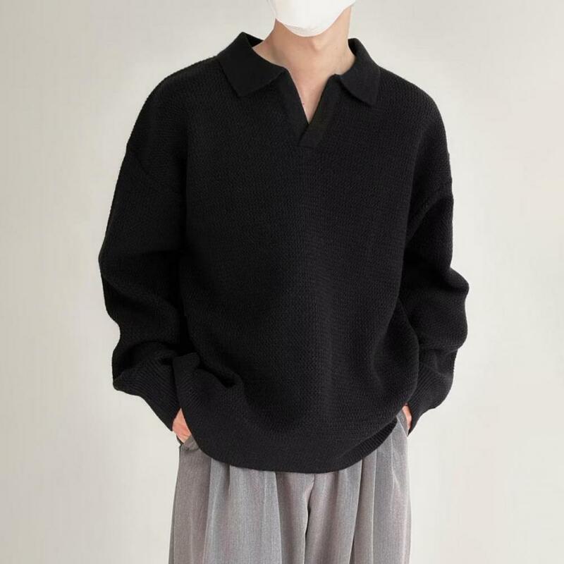 Suéter de malha solto masculino, pulôver casual, monocromático, tops de lapela, manga comprida, outono, inverno