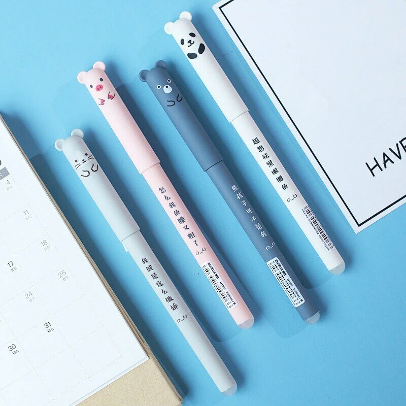 Kawaii Erasable Gel Pen Set Cartoon Animals Cute Cat Erasable Pen Erasable Refill Rod Washable Handle Pen Grip School Stationery