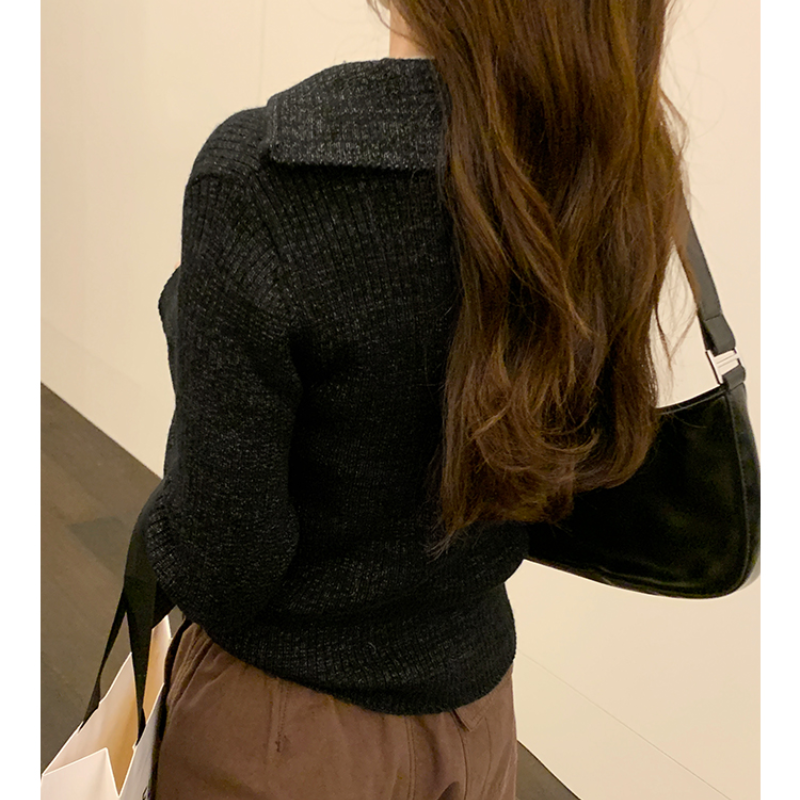 Tops de punto con solapa para mujer, suéter Sexy de manga larga con cuello en V, ajustado, elegante, otoño e invierno, novedad