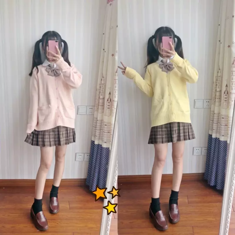 Y2K Harajuku V neck cotton knitted sweater JK uniforms multicolor girls fashion Japan school pink cardigan slim cotton cosplay