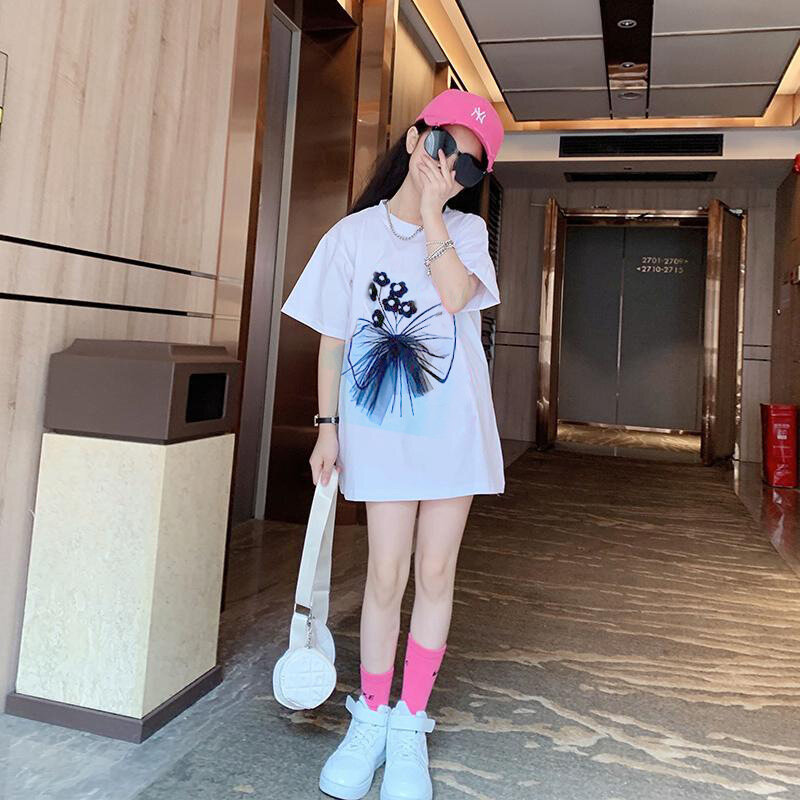 T-Shirts for Gilrs Teenagers and Children's T-shirt Skirt Korean Summer Short-sleeved Loose Top Mid-length Cartoon Clothes