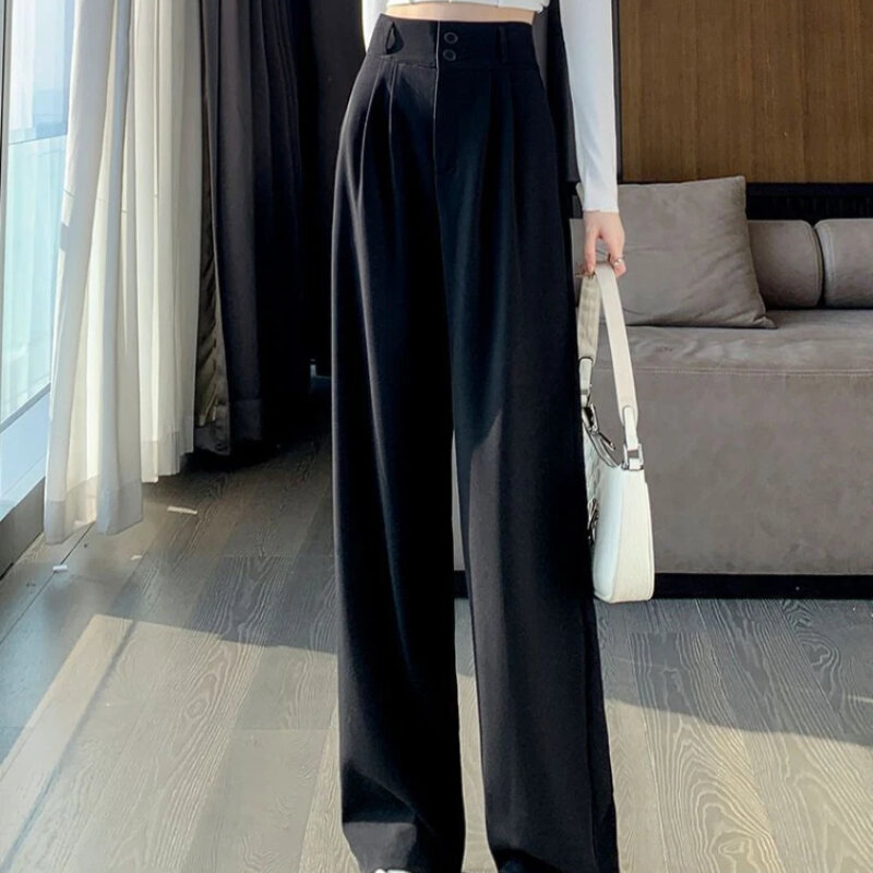 Calça de perna larga feminina, estilo coreano, cintura alta, calça preta, moda feminina no escritório, terno cinza solto, streetwear