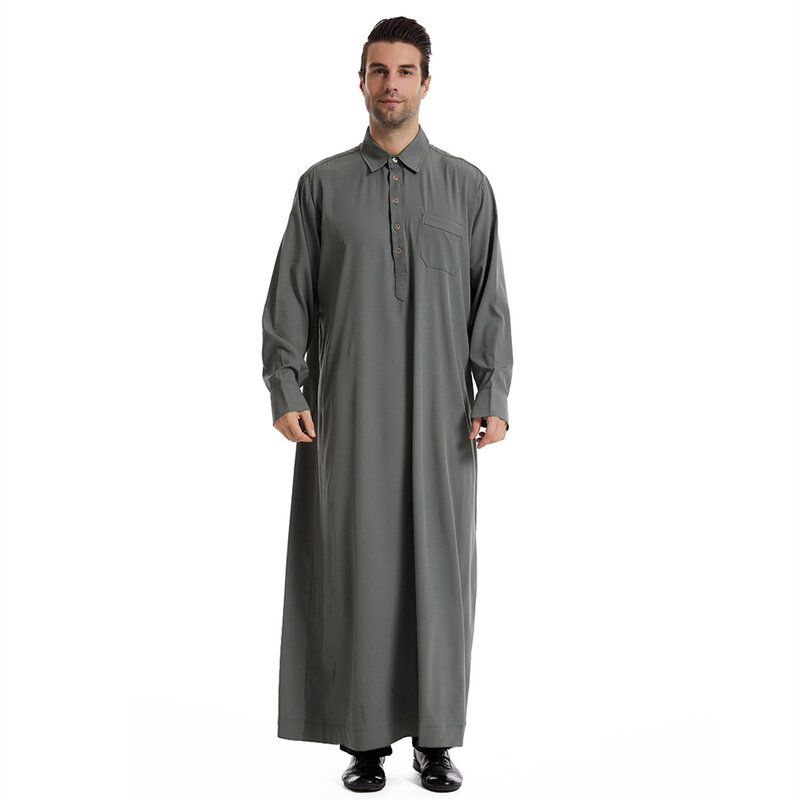 Baju gamis lengan panjang pria, baju Muslim berkancing jubah lengan panjang kerah Jubba Thobe, pakaian Islami Ramadan kasual