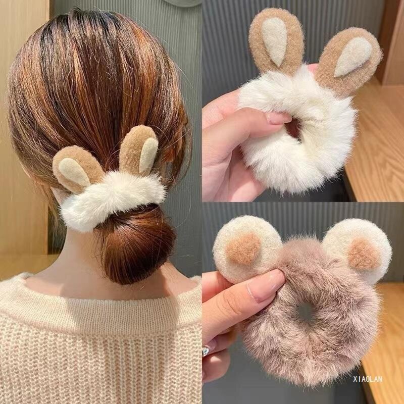 Banda de pelo de piel de conejo, accesorios para el cabello de felpa, corbata esponjosa
