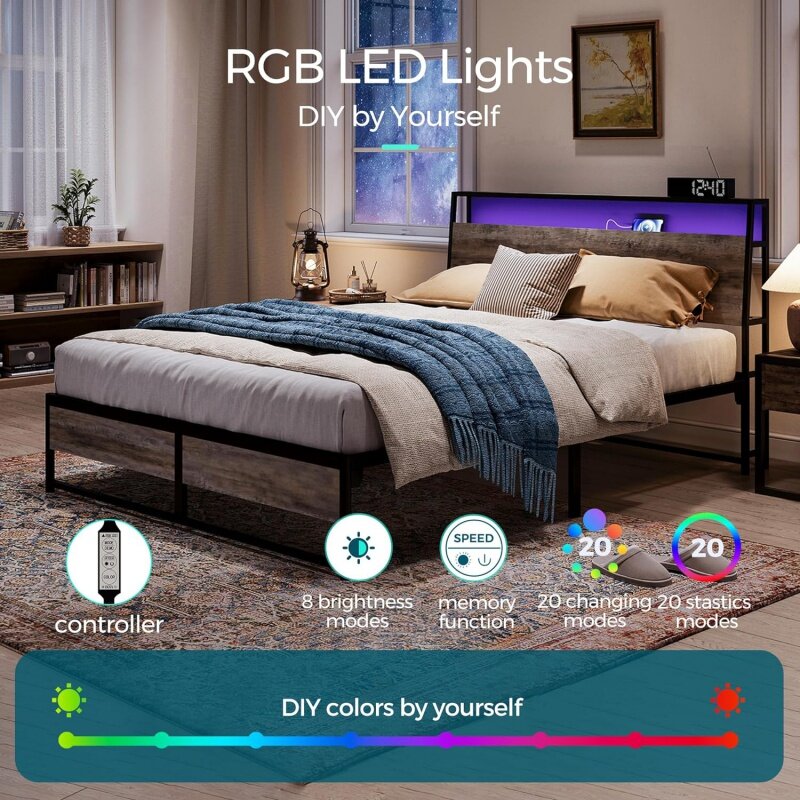 Полноразмерная рама кровати с эргономичным изголовьем и RGB-подсветкой, металлические розетки платформы; Зарядное устройство, 45 минут F