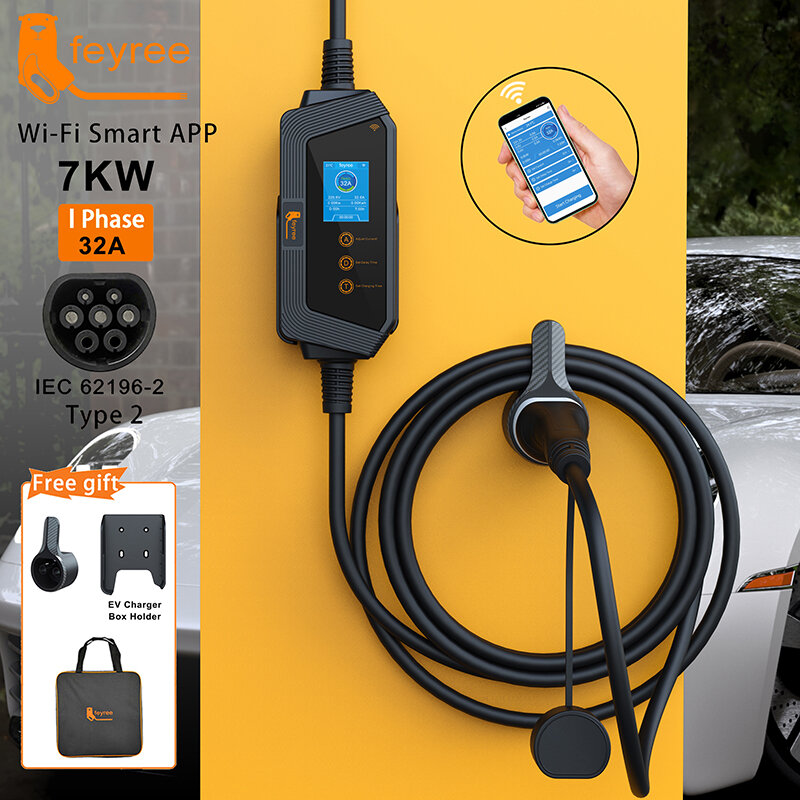 Feyree 휴대용 EV 충전기, 전기 자동차 APP 고속 충전, 전류 및 충전 시간 설정, 와이파이 제어, 타입 2, 32A, 7KW