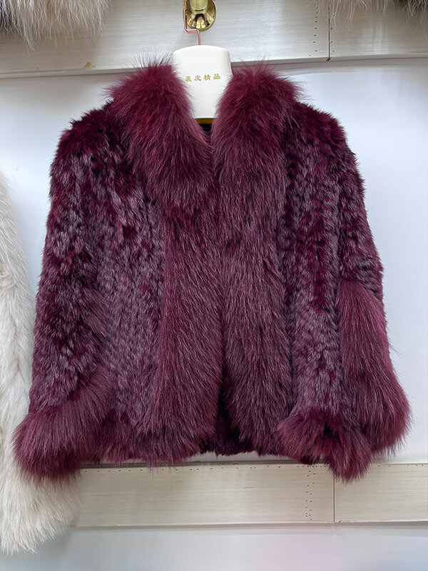 2024 Natural Rabbit Fur Bat Shirt Coats Knitted Women's New Real Fox Fur Collar Jackets Luxury Woman Clothing