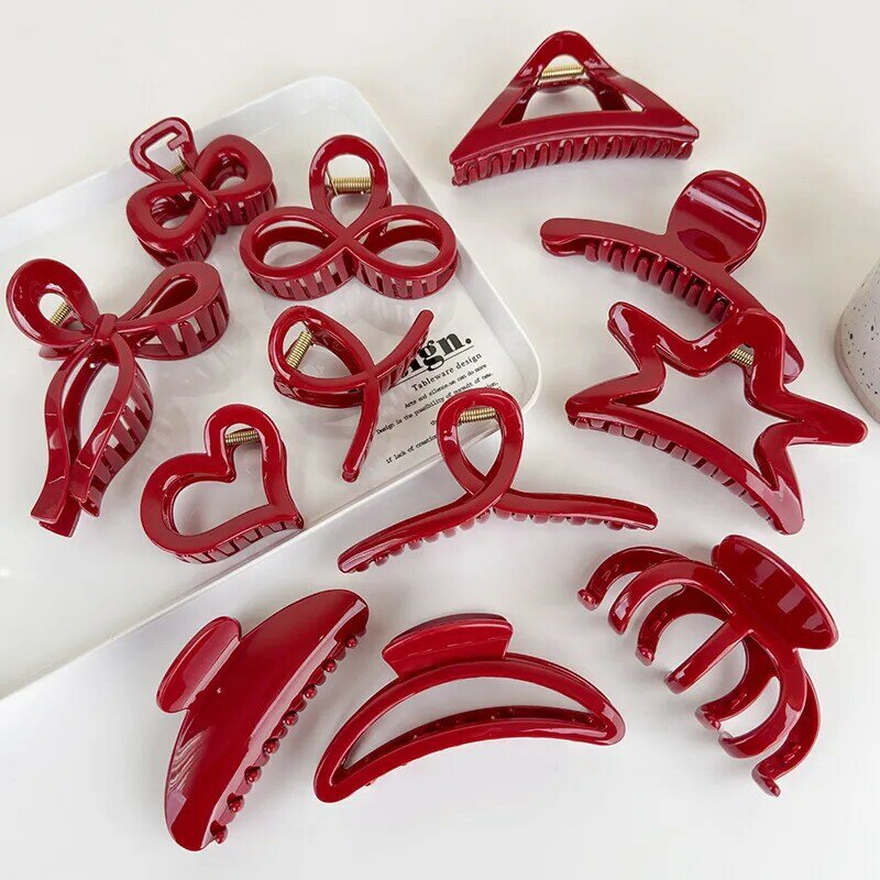 Red Series Bright Light Geometry Hair Claw for Women Girls Elegant Hairpins Shark Clips Crab Barrettes Fashion Hair Accessories