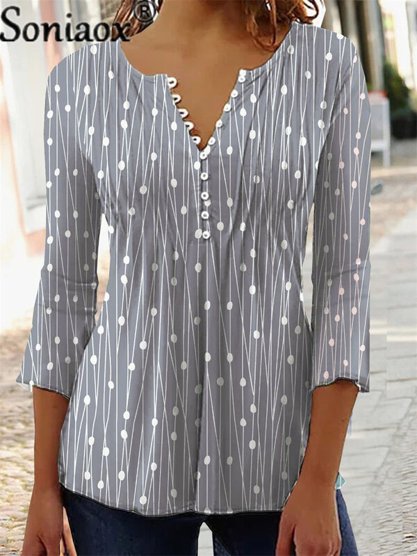 Женская блузка в горошек, с длинным рукавом и V-образным вырезом