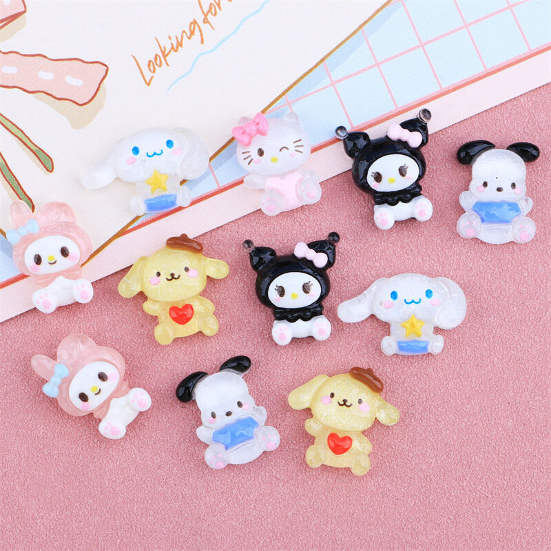 Kartun 10 buah Aksesori kuku Sanrios Kuromi Cinnamoroll Melody pompurin Pochacco Hello Kitty dekorasi manikur hadiah mainan