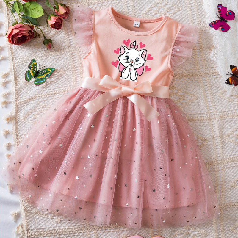 The Aristocats Marie Girls Summer Clothes Flying Sleeves Bow Sequin Dress 2-6Y Kid Birthday Tutu Princess Dress for Baby Girl