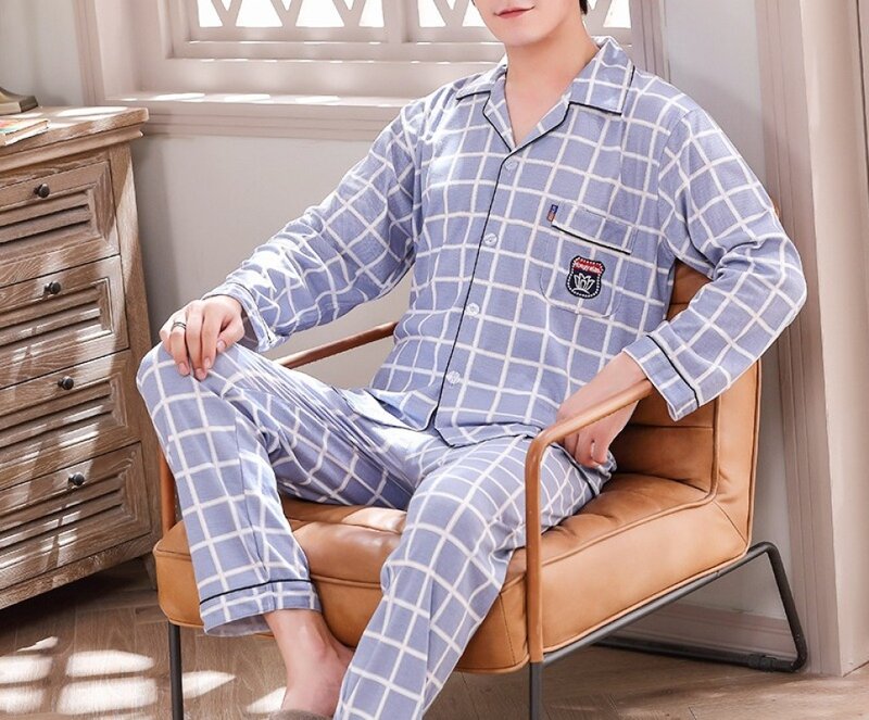 Pyjama en coton monochrome pour homme, cardigan imprimé, col polo, manches longues, ensemble maison, printemps, automne, hiver