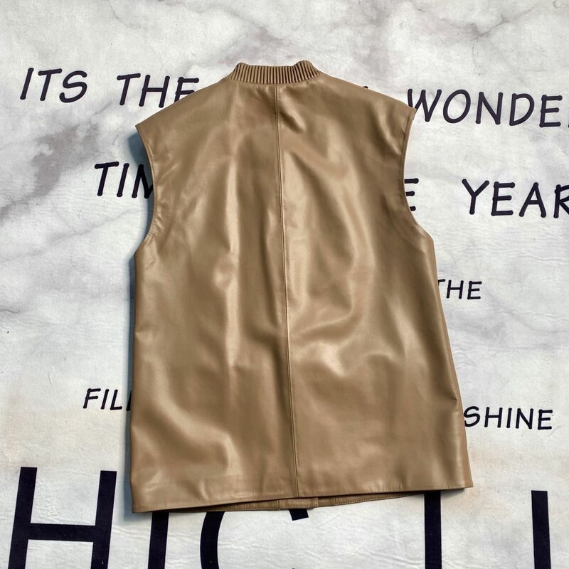 2023 New Arrival Women Fashion Simple  Single Breasting Waist Strap Genuine Sheepskin Leather Vest