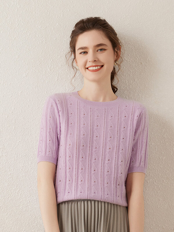 High Quality Women T-shirt Spring Summer 100% Cashmere Knitwear Hollow Short Sleeve Pullover Sweater Korean Popular Female Tops